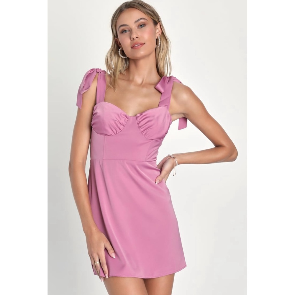 *LULUS* NWT Sweetly Captivating Mauve Satin Bustier Tie-Strap Mini Dress